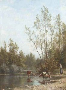 Watering cattle at the edge of the river by Continental School
