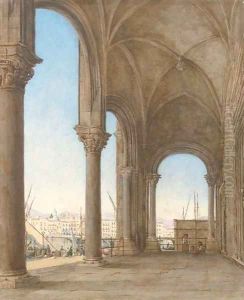 A loggia by the harbour of an Italian town by Continental School