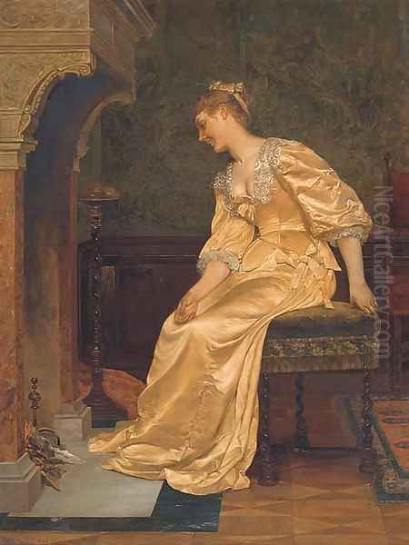 An elegant lady seated before a fire - view 1