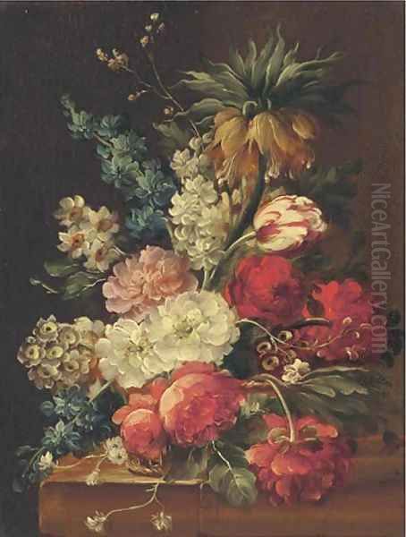 Flowers in a bowl on a stone ledge - view 1