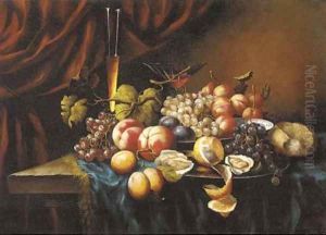 Oysters, bread, plates of grapes, peaches, plums and a lemon before wine glasses on a table