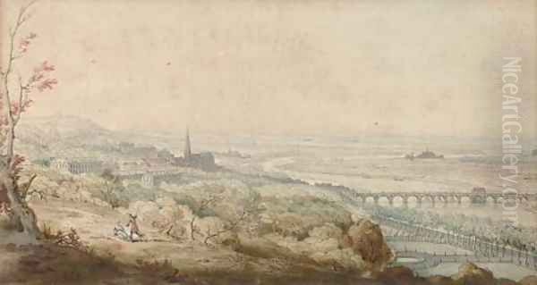 A couple relaxing looking towards a town - view 1