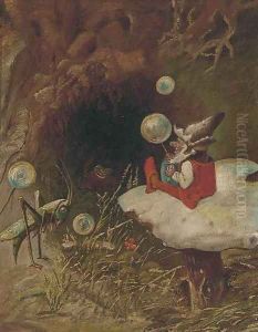 An elf on a toadstall with a grasshopper by Continental School