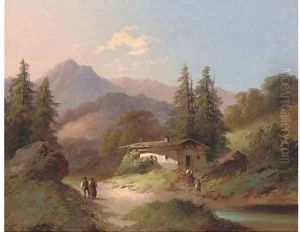 Figures by a chalet, in an Alpine landscape by Continental School