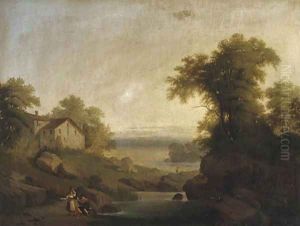 Figures gossiping by a pond, in an Italianate landscape