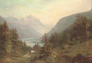 Figures in an extensive alpine landscape by Continental School