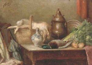 Hare, duck, cabbage, onions and a jug on a table