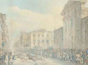 Horses triumphantly charging through an Italian town, thought to be Turin by Continental School