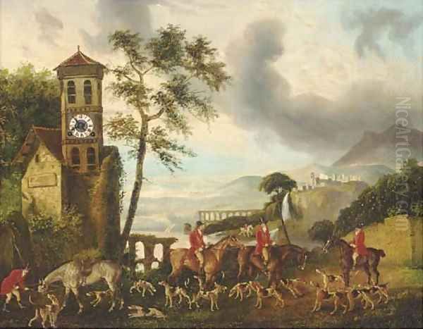 Huntsmen in an Italianate lake landscape, a clock picture - view 1
