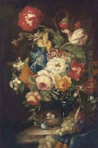 Summer flowers in a vase on a stone ledge with a bird's nest by Continental School