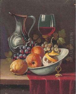 Oranges in a bowl, with grapes, a glass of wine and a ewer to the side by Continental School