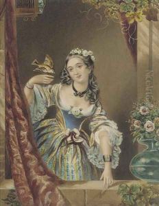 Portrait of a young lady by a ledge, with a bird in her hand by Continental School