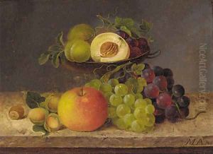 Plums, peaches, grapes in a tazza, and hazelnuts on a ledge alongside