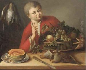 A boy holding a basket of grapes and peaches by a table with partridges and half a melon by German School