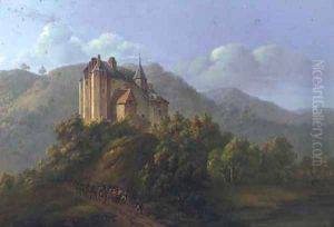 French soldiers before a castle in a Bavarian landscape by German School