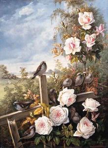 Roses with Sparrows pearched on a Fence in a Landscape