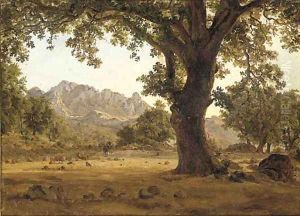 A massive oak tree in an extensive mountain landscape by German School