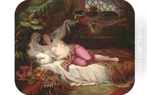 A parrot entertaining a harem favourite by German School