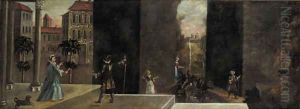 Elegant townsfolk on the terrace of a palatial mansion by German School
