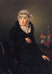 Portrait of a Lady, seated, three-quarter-length, in a black coat and white lace bonnet, by a basket of flowers