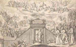 Saint Peter at the Gates of Heaven, the Holy Trinity above by German School