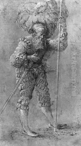 A bearded Soldier in a feathered Hat holding a Sword and Lance by German School
