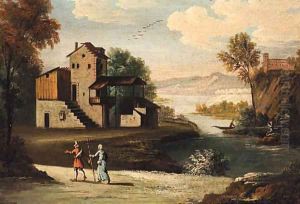 A river landscape with travellers on a track, a farmstead and anglers beyond