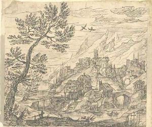 A town in a rocky coastal landscape by German School