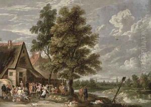 A village with peasants dancing and drinking by an inn by German School