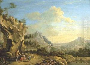 An extensive mountain landscape with travellers resting on a path