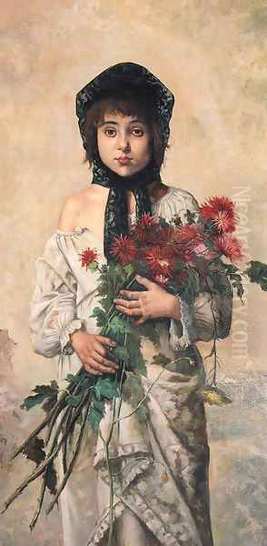 Portrait of a young Girl holding red Chrysanthemums - view 1