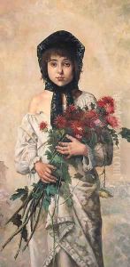 Portrait of a young Girl holding red Chrysanthemums