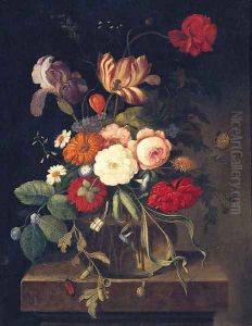 Summer Flowers In A Vase On A Ledge by German School