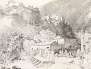 View of an alpine village with figures by a footbridge, perhaps Trient, Switzerland by German School