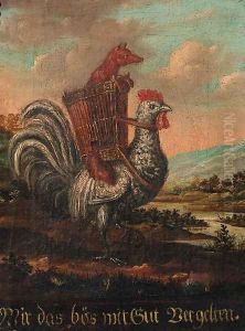 A cockerell carrying a fox in a basket