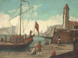 A Mediterranean harbour with elegant figures and a cleric on a quay shipping beyond