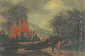A nocturnal landscape with travellers approaching a burning fortified city by German School