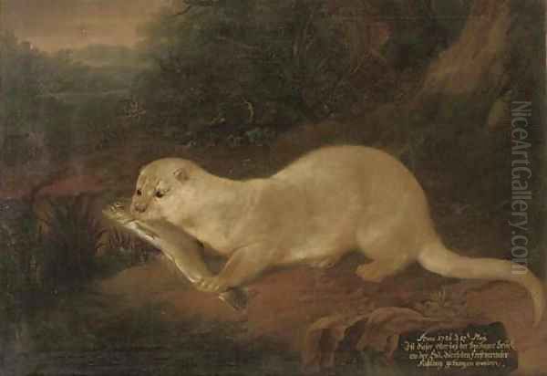 A river landscape with an otter holding a fish - view 1