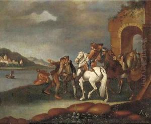 A river landscape with horsemen and other travellers by an arch