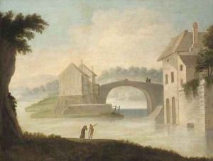 A river landscape with travellers near a bridge A river landscape with travellers near a bridge
