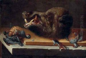 A still life with the head of a wild boar and three partridges, on a table by German School