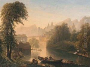 An Italianate river landscape with fishermen with their catch, a town beyond by German School