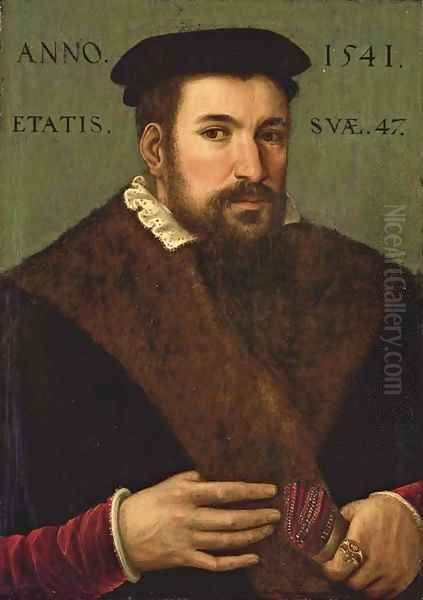 Portrait of a gentleman, half-length, in a black cloak with brown fur trim and a white lace collar, wearing a black cap - view 1