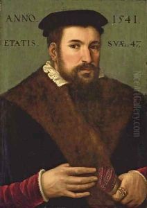 Portrait of a gentleman, half-length, in a black cloak with brown fur trim and a white lace collar, wearing a black cap