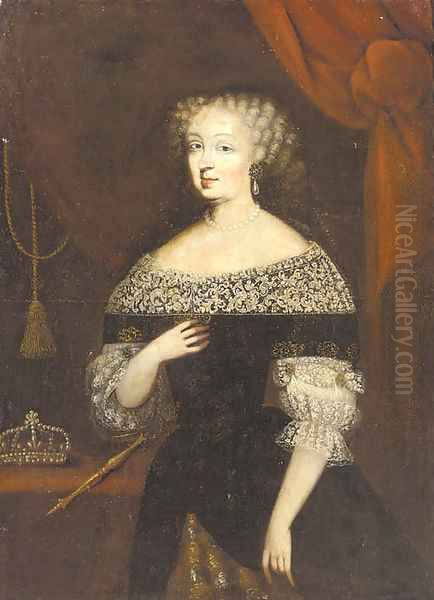 Portrait of a lady, half-length, standing in an interior, wearing a black dress with lace trim - view 1