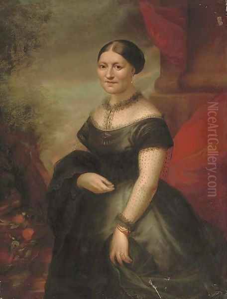Portrait of a lady, three-quarter-length, in a black dress with lace trim, a red curtain and landscape beyond - view 1