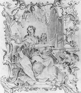 Saint Cecilia playing the Organ, surrounded by ornamental framework and cherubs by German School