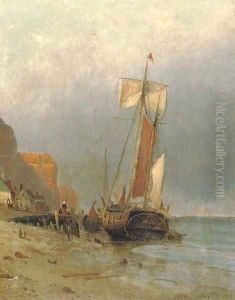 Ships moored along a coastline by German School