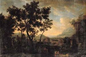 Travellers and peasants on a track by the edge of a wood in a landscape by German School