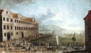 A capriccio of a Mediterranean port by German School